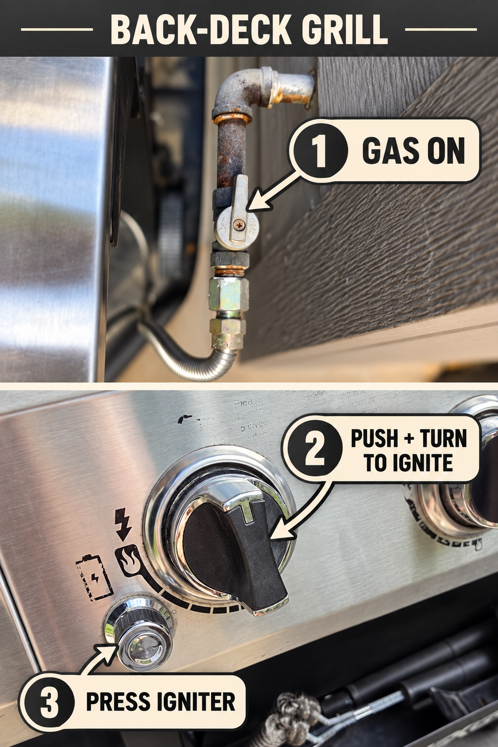 Back-deck grill lighting guide. First arrow points to the gas shutoff lever beside the grill. Second points to the black burner dial. Third points to the round silver igniter button below the dial.